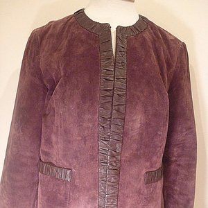 Medium 10 Soft Real Suede Leather Trim Coat Blazer Burgundy Vintage Jacket Y2k